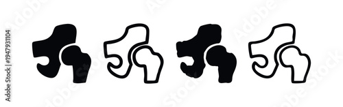 Human hip joint bone icons set. Femur and pelvic bone symbol in different styles.