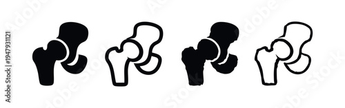 Human hip joint bone icons set. Femur and pelvic bone symbol in various styles.