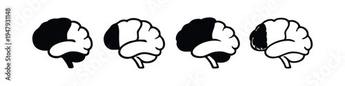 Human brain left hemisphere icons. Stylized side view of the cerebrum in different styles.