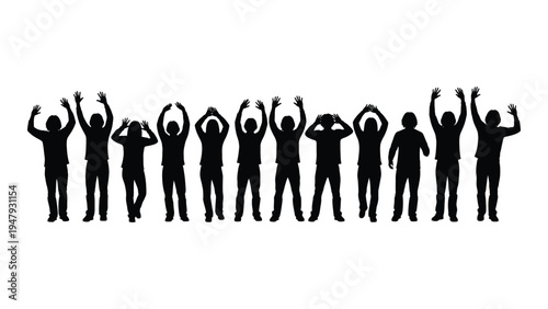 A group of people with their arms raised in celebration