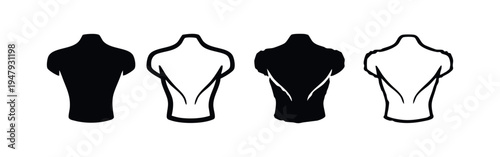 Human Male Upper Back and Shoulders Icon Set in Solid and Outline Styles with Distorted Forms