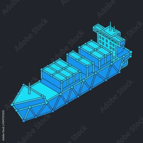 Blue Wireframe Cargo Ship Model Design.