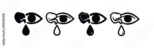Crying Eye with Tear Drop Sadness and Allergy Black Vector Icons