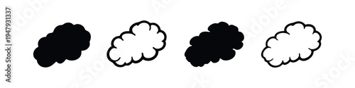 Abstract black and white cloud or smoke icons set, various styles for weather, vapor, or steam concepts.