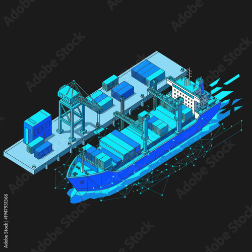3D Rendering of Cargo Ship with Containers.