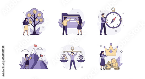 Six business illustrations depicting finance goals balance and direction