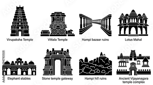 South Indian Temple Landmarks Vector Icon Set – India Architecture Vectors Featuring Gopuram Towers, Mandapas, Sacred Shrines, Rock-Cut Temples, Ornate Pillars, and Monumental Entrances