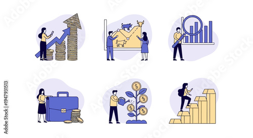 Six financial illustration icons depicting growth analysis investment and career steps