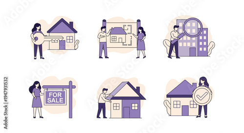 Six flat icons depicting real estate activities with purple figures and houses
