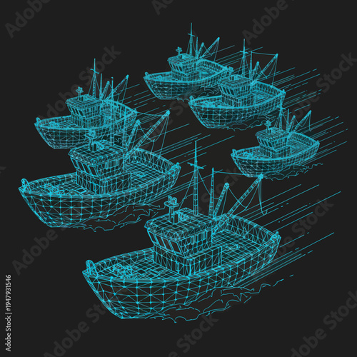 Wireframe Boats in 3D Digital Model.