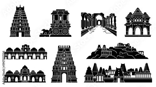 South Indian Temple Landmarks Vector Icon Set – India Architecture Vectors Featuring Gopuram Towers, Mandapas, Sacred Shrines, Rock-Cut Temples, Ornate Pillars, and Monumental Entrances