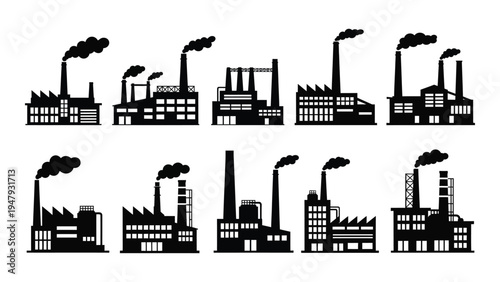 A collection of industrial factory buildings with smoke stacks