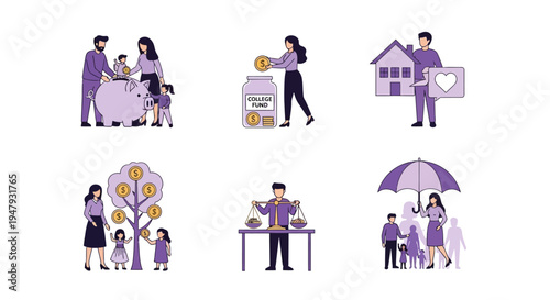 Six icons illustrating financial planning concepts with purple and lilac figures