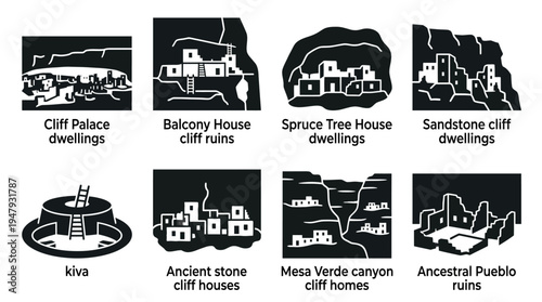 Mesa Verde Cliff Dwellings Vector Icon Set – Ancient Puebloan Vectors Featuring Cliff Palace, Balcony House, Spruce Tree House, Kiva, Sandstone Dwellings, and Canyon Settlements
