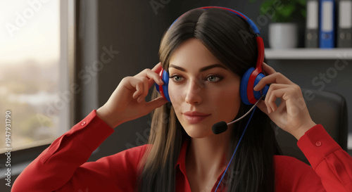A focused young woman in a vibrant red shirt adjusts her colorful headset, ready to provide excellent customer support in a modern office environment.