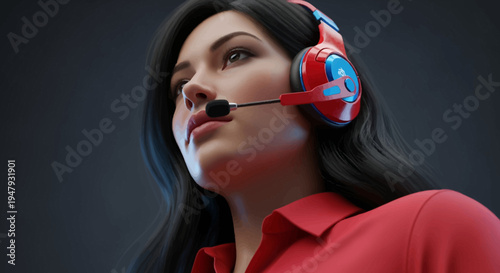 A focused young woman in a vibrant red shirt wears modern gaming headphones with a microphone, ready for communication or competitive play in a professional setting.