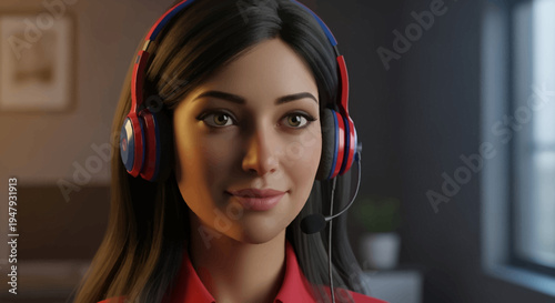 A professional and friendly young woman, wearing a headset with a microphone, provides excellent customer service or online support from a modern office environment.