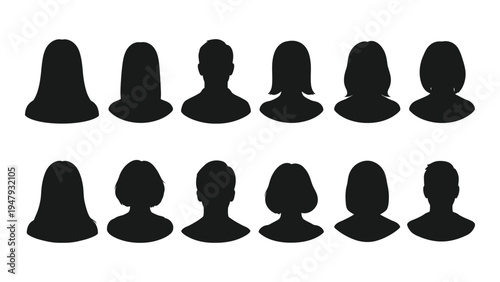 A group of ten black silhouettes of people's heads