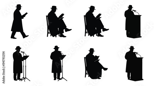 A set of silhouettes of a man in various poses