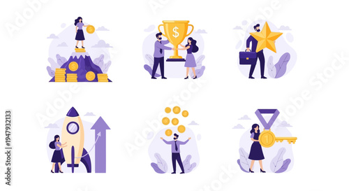 Six vignettes depicting business success wealth accumulation awards launch profit and achievement