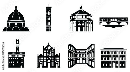 Florence Landmarks Vector Icon Set – Italy Cityscape Vectors Featuring Duomo Dome, Giotto’s Campanile, Baptistery, Ponte Vecchio, Palazzo Vecchio, Uffizi Gallery, and Santa Croce Basilica