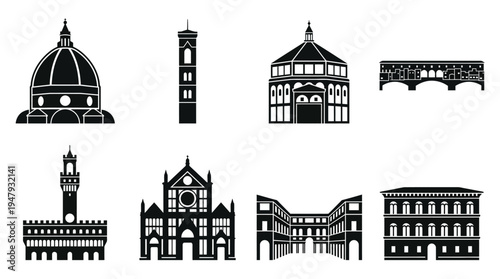 Florence Landmarks Vector Icon Set – Italy Cityscape Vectors Featuring Duomo Dome, Giotto’s Campanile, Baptistery, Ponte Vecchio, Palazzo Vecchio, Uffizi Gallery, and Santa Croce Basilica