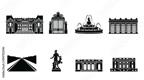 Palace of Versailles Vector Icon Set – French Royal Architecture Vectors Featuring Grand Canal, Garden Fountain, Royal Gates, Hall of Mirrors, Statues, and Palace Facades