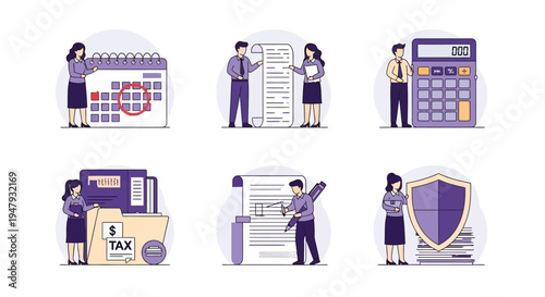Six vignettes illustrating business finance and documentation tasks using stylized people and objects