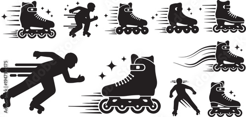 Silhouette of people rollerblading and roller skates in motion