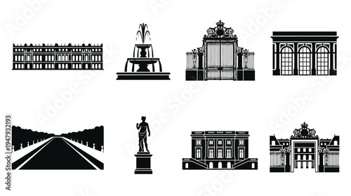 Palace of Versailles Vector Icon Set – French Royal Architecture Vectors Featuring Grand Canal, Garden Fountain, Royal Gates, Hall of Mirrors, Statues, and Palace Facades