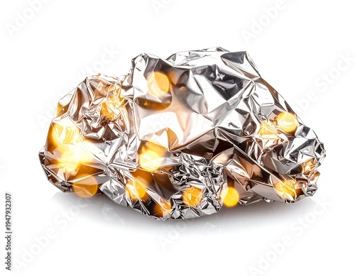 Crumpled aluminum foil catching the warm light from glowing orbs encased within
