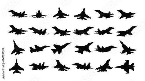 A collection of twenty black fighter jets in various flying positions