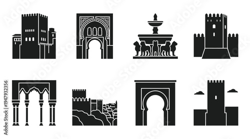 Moorish-Andalusian Architecture Vector Icon Set – Islamic Heritage Vectors Featuring Horseshoe Arches, Fortress Walls, Lion Fountain, Minaret Tower, Palace Gate, and Courtyard Structures