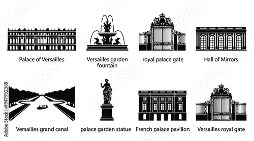 Palace of Versailles Vector Icon Set – French Royal Architecture Vectors Featuring Grand Canal, Garden Fountain, Royal Gates, Hall of Mirrors, Statues, and Palace Facades