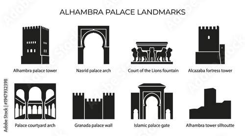 Moorish-Andalusian Architecture Vector Icon Set – Islamic Heritage Vectors Featuring Horseshoe Arches, Fortress Walls, Lion Fountain, Minaret Tower, Palace Gate, and Courtyard Structures