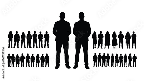 Two men standing in front of a crowd of people