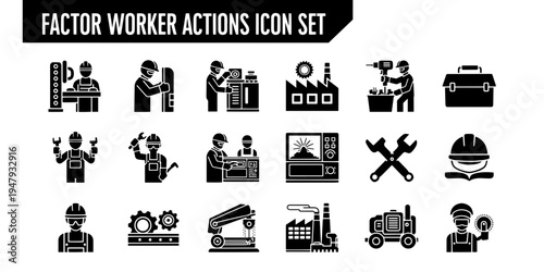 Minimalist and professional vector icon set for factory workers and industrial actions. This informative collection features silhouettes of machinery, tools, and industry symbols for graphic design.