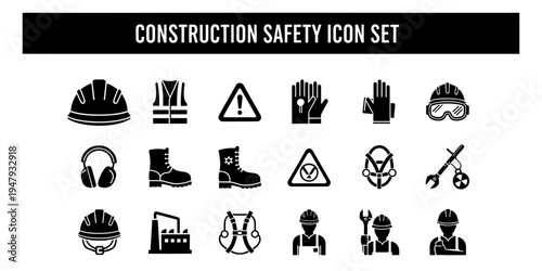 A comprehensive set of professional and minimalist icons for construction site safety, featuring essential personal protective equipment and industrial hazard warning symbols.