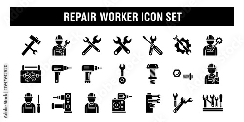 A Minimalist and Functional Icon Set featuring Repair Workers and essential Tools in Black Silhouettes for Maintenance and Service Industries