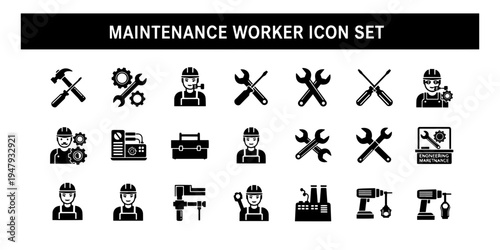 Professional Minimalist Glyph Icons Set Representing Maintenance Workers Engineering Tools and Industrial Services for Technical Application Interfaces