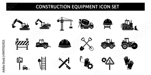 Professional Minimalist Graphic Icon Set Featuring Heavy Construction Equipment and Safety Tools Silhouettes for Building and Engineering Project Illustrations