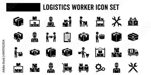 A professional and minimalist icon set for logistics workers and warehouse operations, featuring various symbols for shipping, delivery, packaging, and storage tasks in a modern business context.