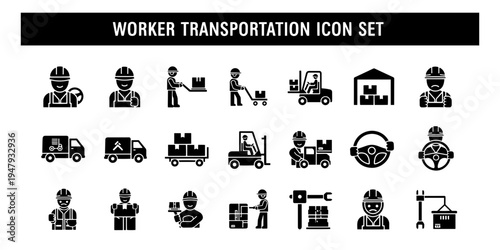 A collection of flat design graphic icons representing worker transportation and logistics, showcasing various delivery, warehouse, and labor activities with an informational mood.