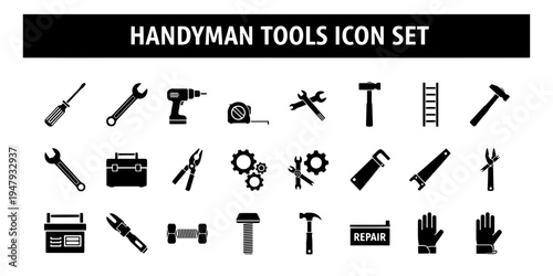 A minimalist and functional icon set featuring essential handyman tools for home improvement, construction, and repair projects, isolated on a white background.