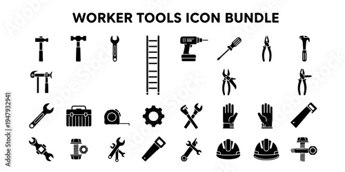 A professional and informative minimalist graphic icon bundle of worker tools including hammers, wrenches, and hard hats for construction and repair concepts.