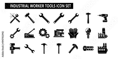 Industrial Worker Tools Icon Set Minimalist Informational Illustration Collection Featuring Construction Equipment and Factory Symbols for Technical Projects
