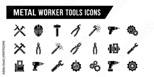A comprehensive minimalist vector set of metal worker tools and equipment icons reflecting a functional design