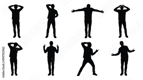 Set of black silhouettes of a man in different dance poses