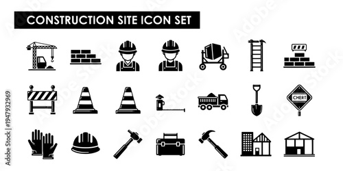 Professional Minimalist Construction Site Icon Set featuring detailed silhouettes of building tools, equipment, and worker elements for engineering and architecture projects.