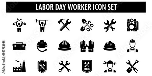 A purposeful minimalist graphic collection featuring icons for Labor Day celebration, depicting construction workers, tools, hard hats, and industry symbols in a clean style.